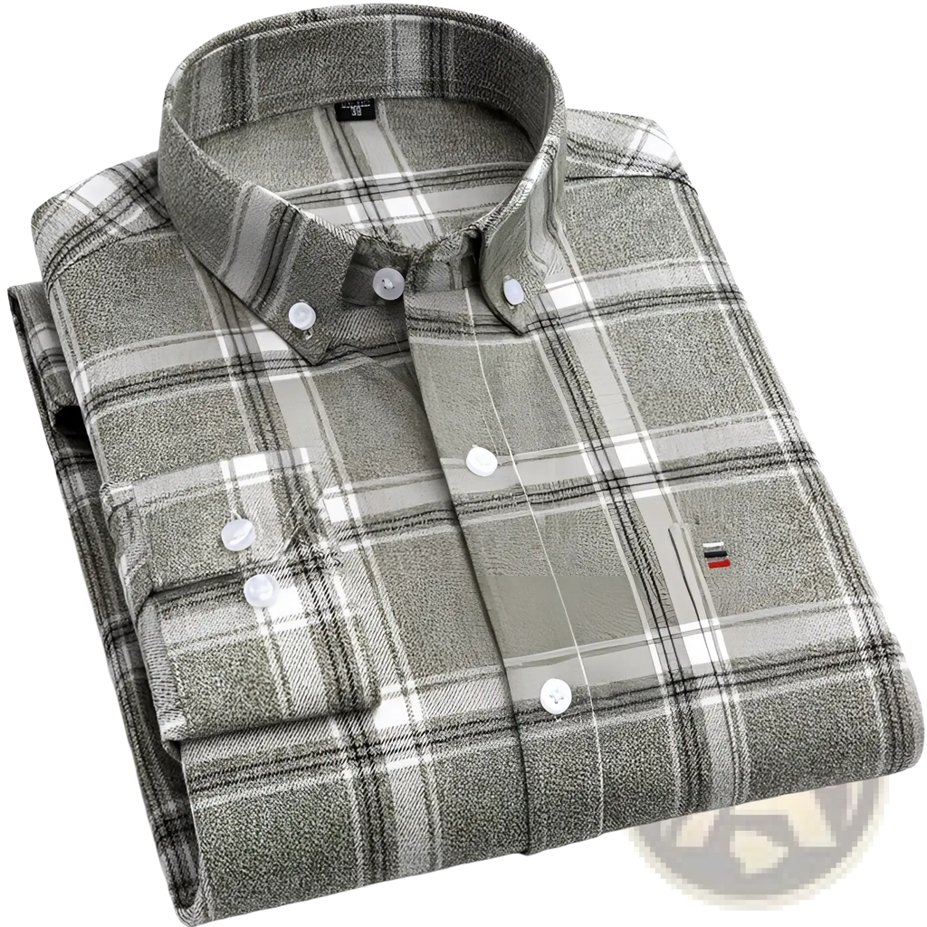 Slim fit plaid cotton shirt in olive green and white with a subtle textured weave and button-down design