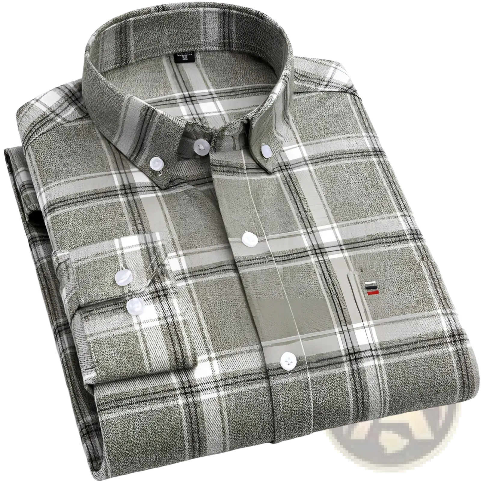 Slim fit plaid cotton shirt in olive green and white with a subtle textured weave and button-down design
