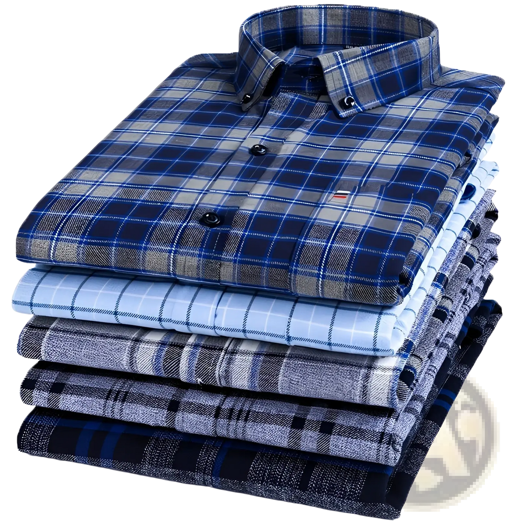 Stack of slim fit plaid cotton shirts in blue gray and black with contrasting dark buttons folded neatly