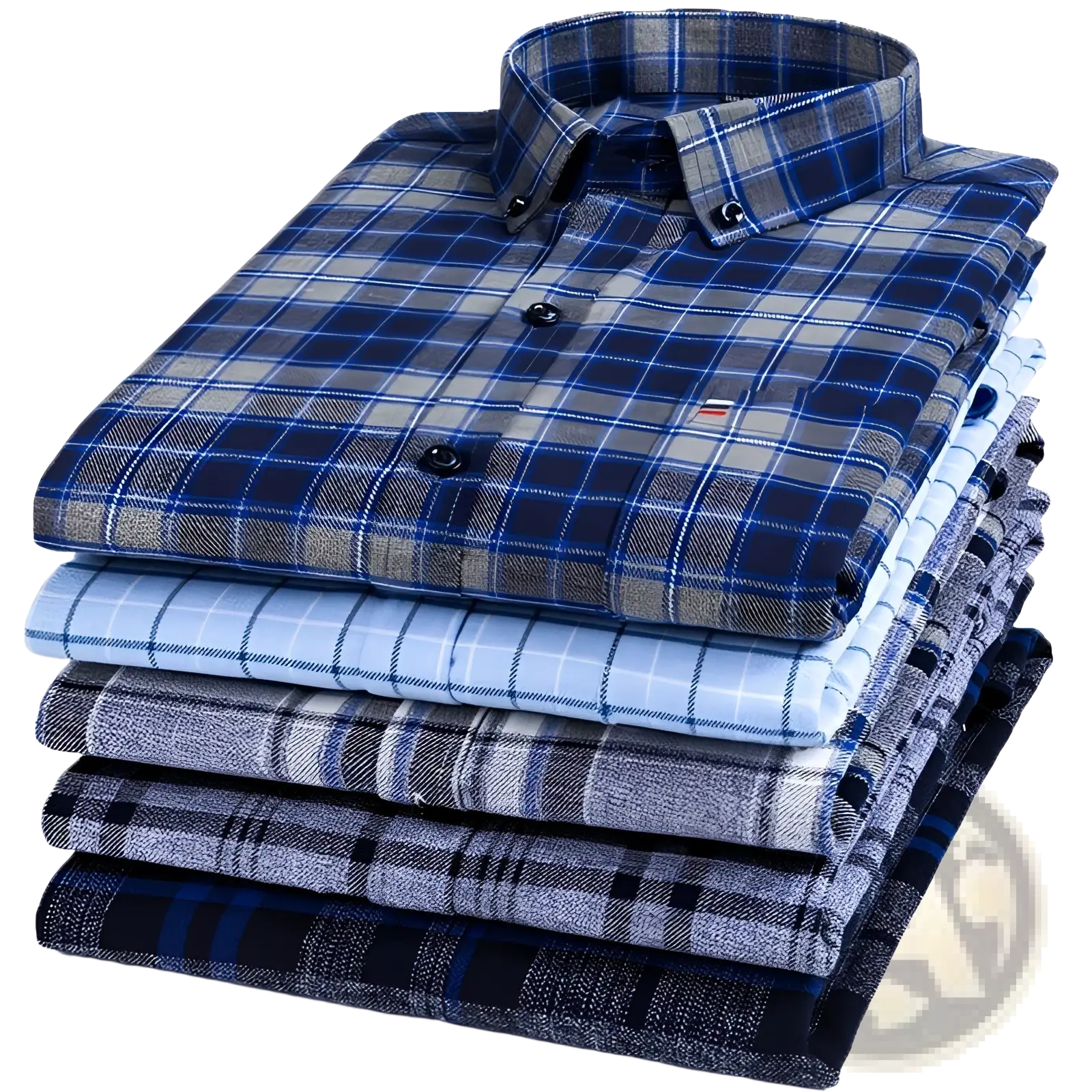 Stack of slim fit plaid cotton shirts in blue gray and black with contrasting dark buttons folded neatly