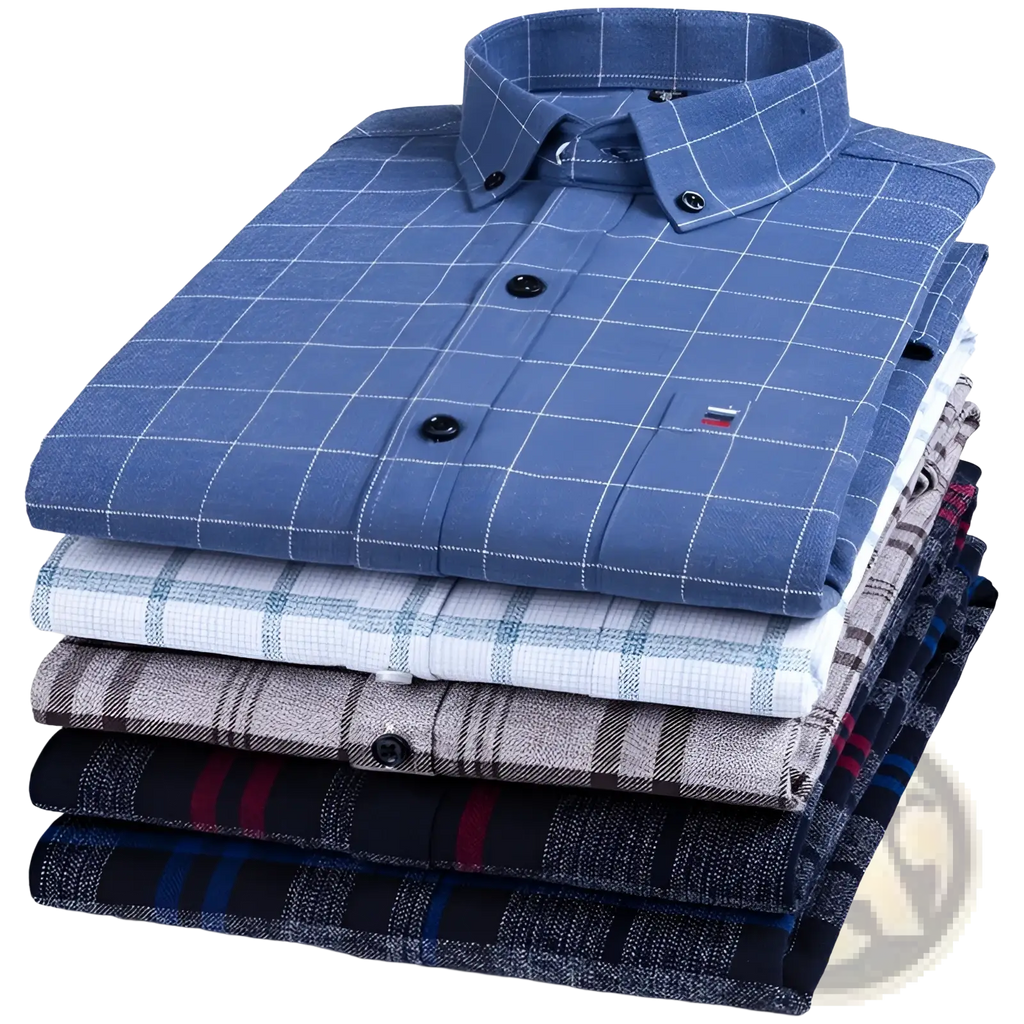 Stack of slim fit plaid cotton button-down shirts in blue gray and black tones with contrasting stripes