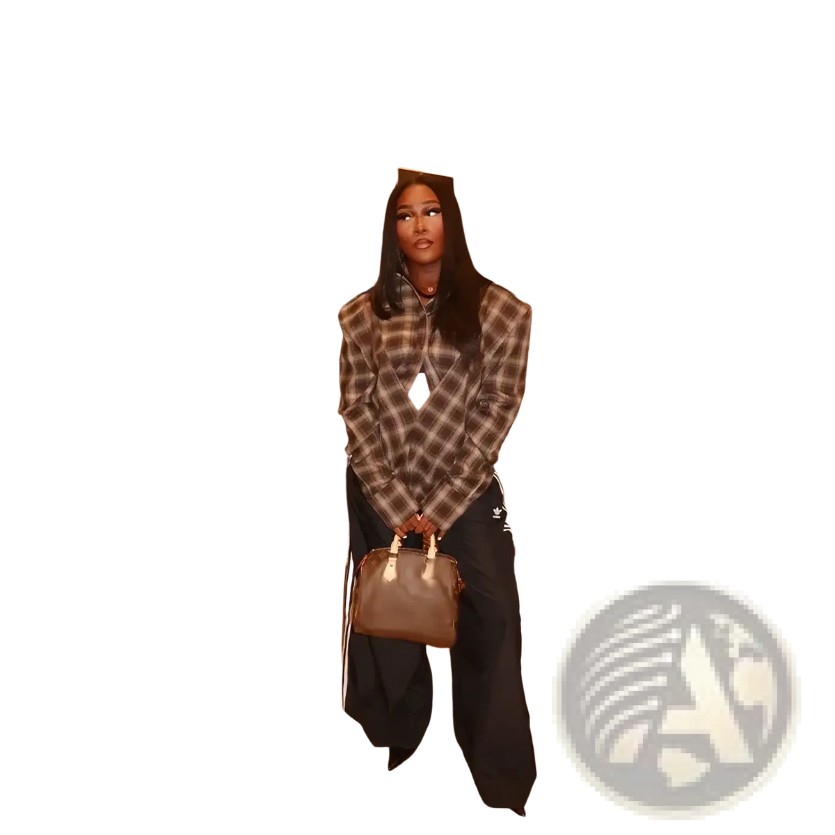 Brown leather handbag with white tassels and structured rounded shape paired with slim fit plaid shirt