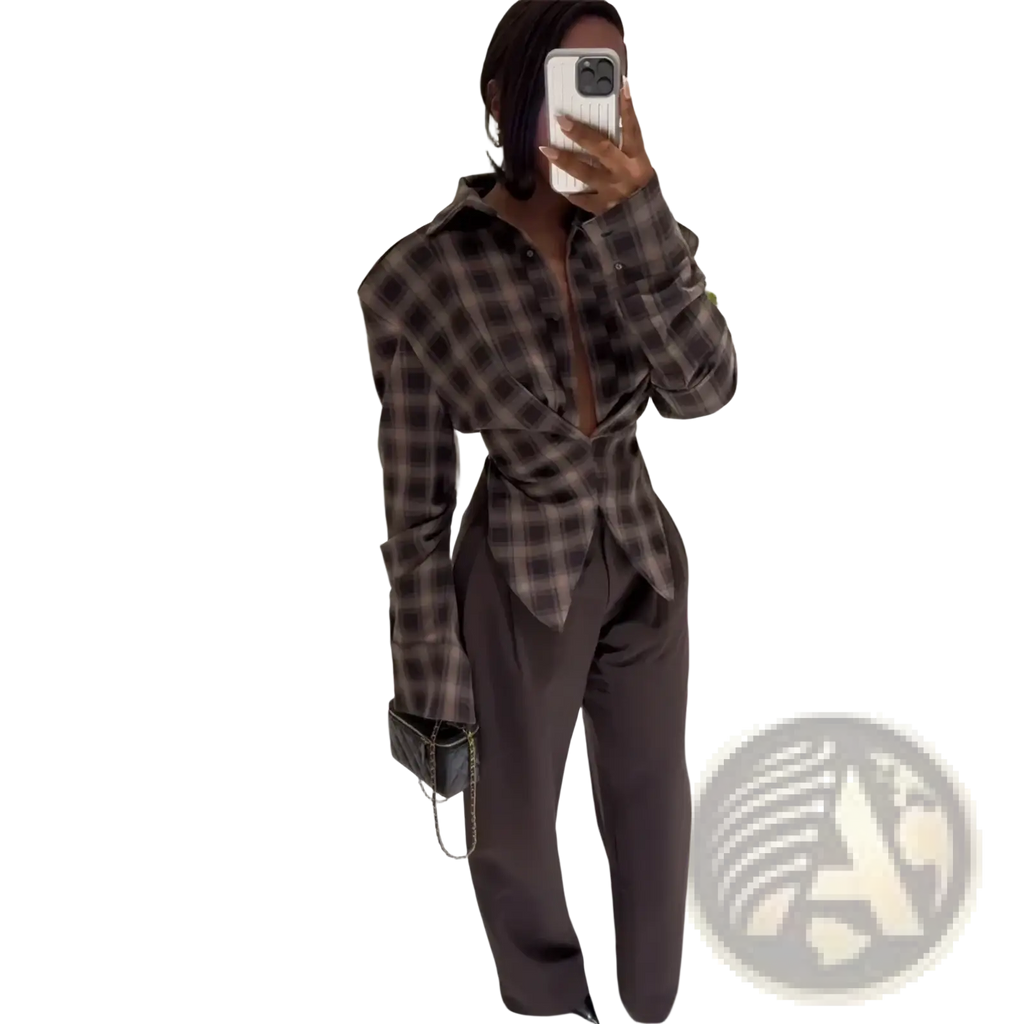 A slim fit brown and black plaid long-sleeved shirt with a unique asymmetrical front design