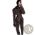 A slim fit brown and black plaid long-sleeved shirt with a unique asymmetrical front design
