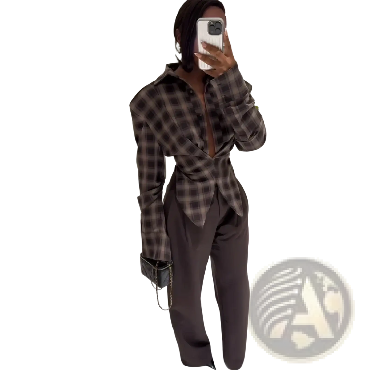Slim fit plaid shirt featuring a stylish long-sleeved design with deep v-neckline and cinched waist in classic colors