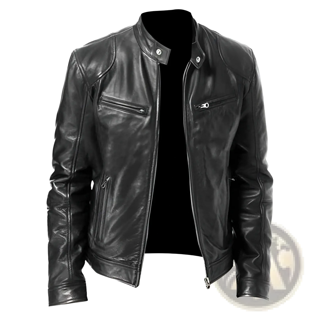 Slim fit black pu leather motorcycle jacket with silver zippers and snap buttons shown from the back side