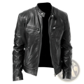 Slim fit black pu leather motorcycle jacket with silver zippers and snap buttons shown from the back side