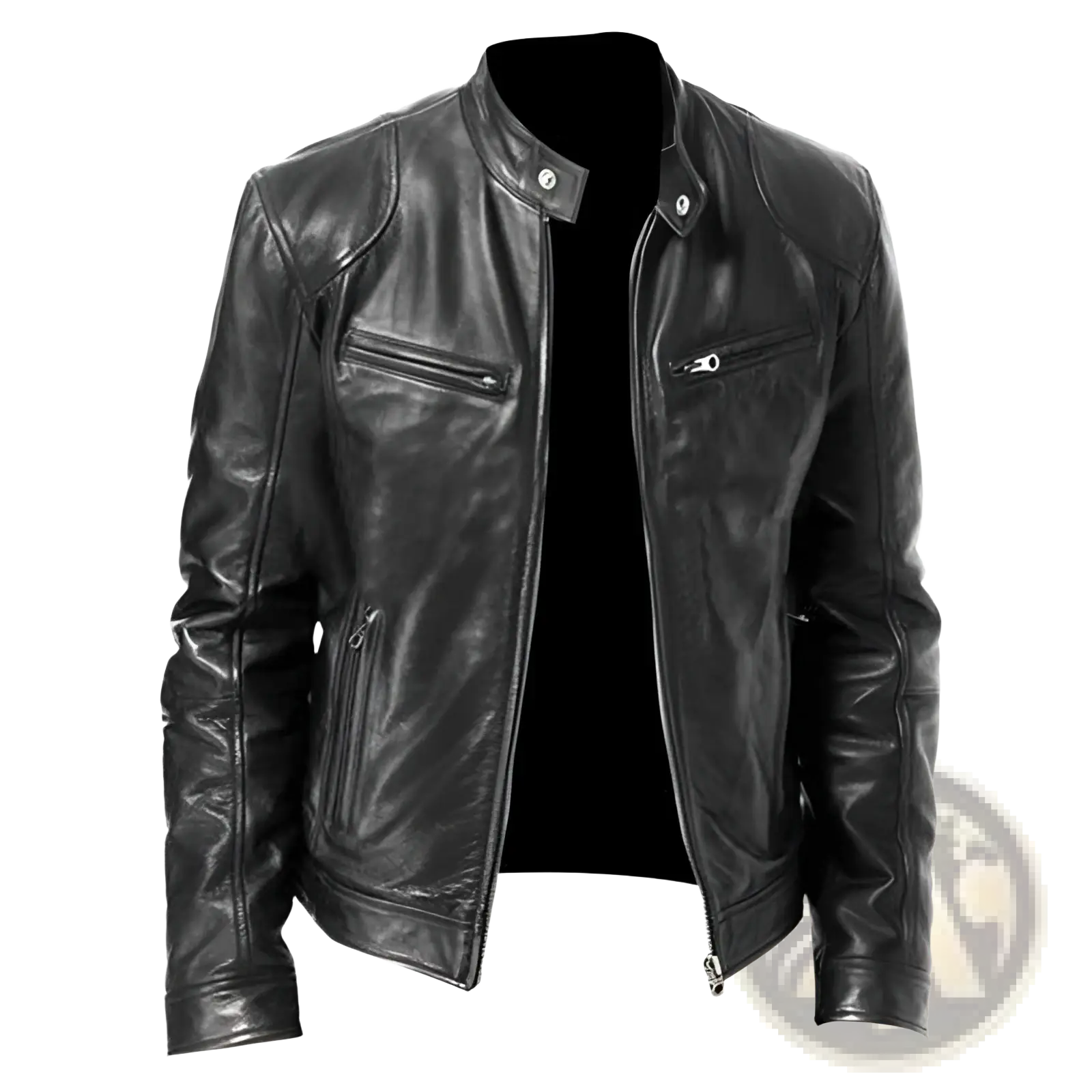 Slim fit black pu leather motorcycle jacket with silver zippers and snap buttons shown from the back side