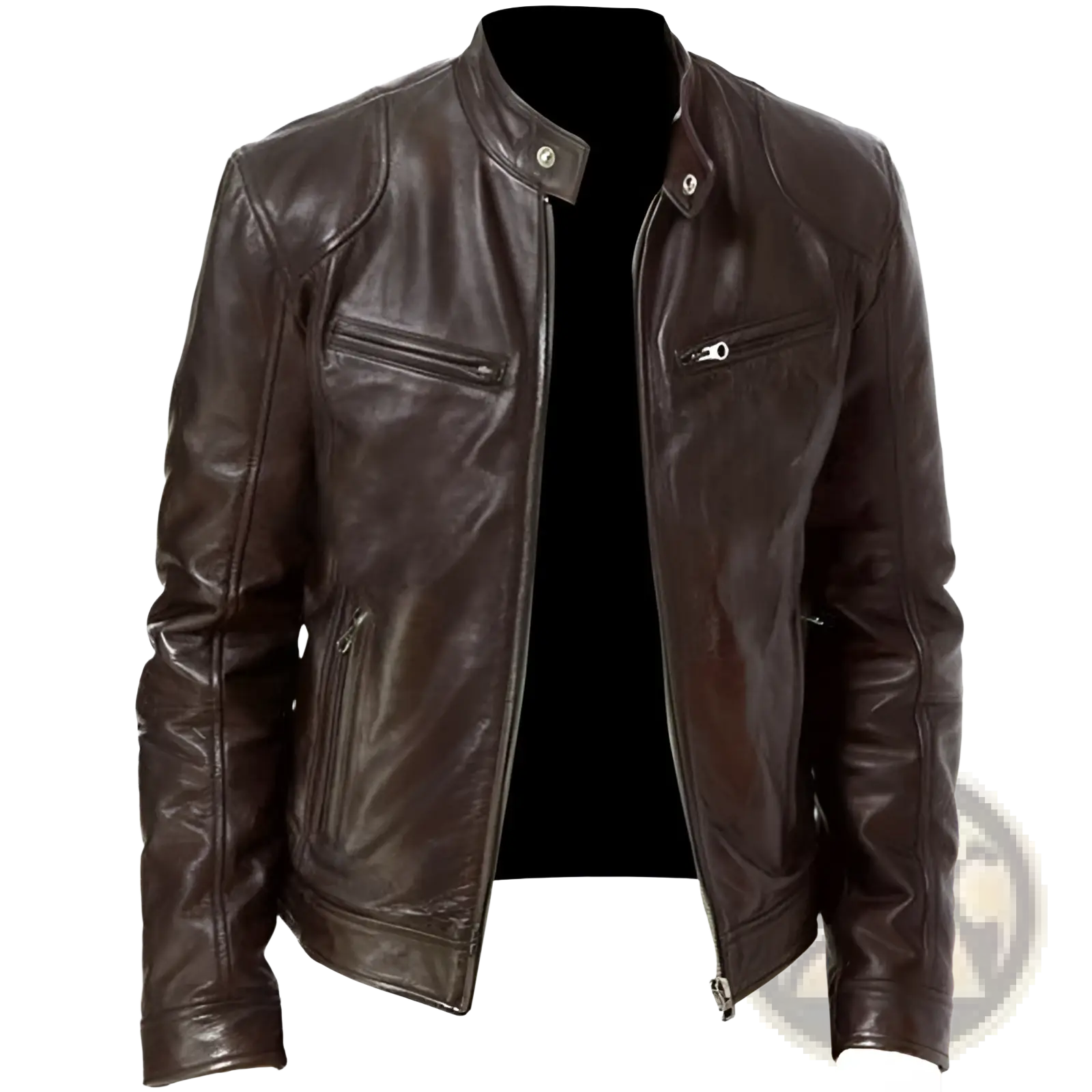 Slim fit dark brown pu leather motorcycle jacket with silver zippers and snap buttons for a stylish look