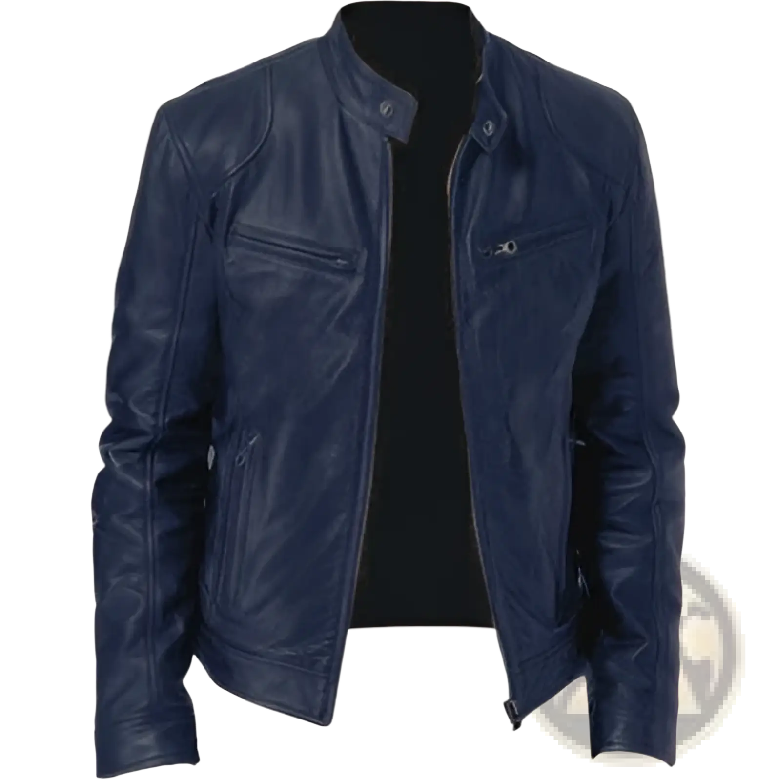 Slim fit dark blue pu leather motorcycle jacket with classic design and front zipper closure for stylish riding
