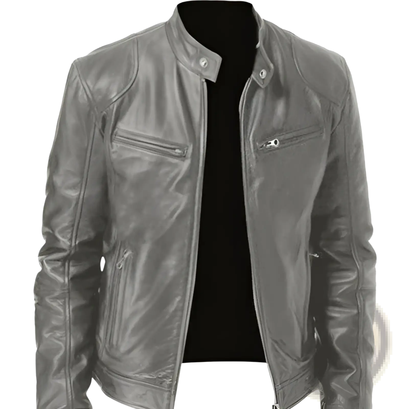 Slim fit black pu leather motorcycle jacket featuring silver zippers and snap buttons, front view