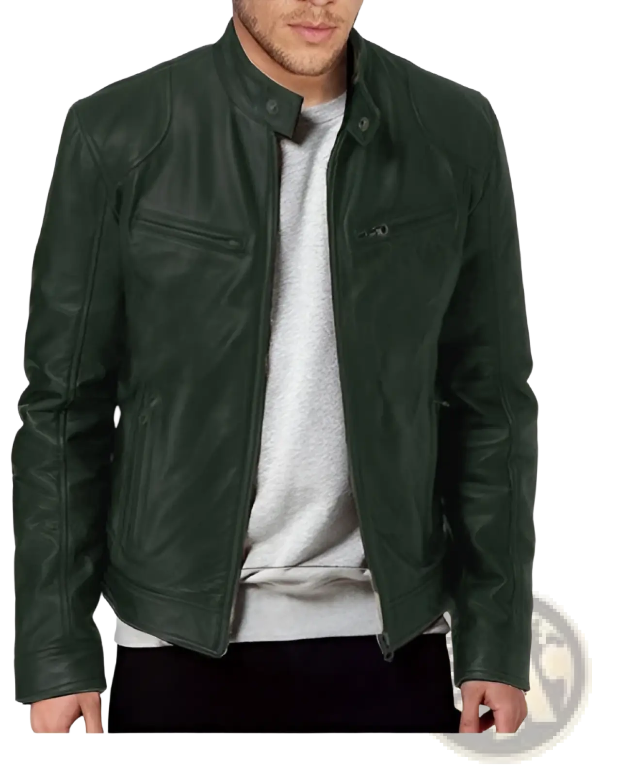 Dark green slim fit pu leather motorcycle jacket with a classic collar and front zipper closure