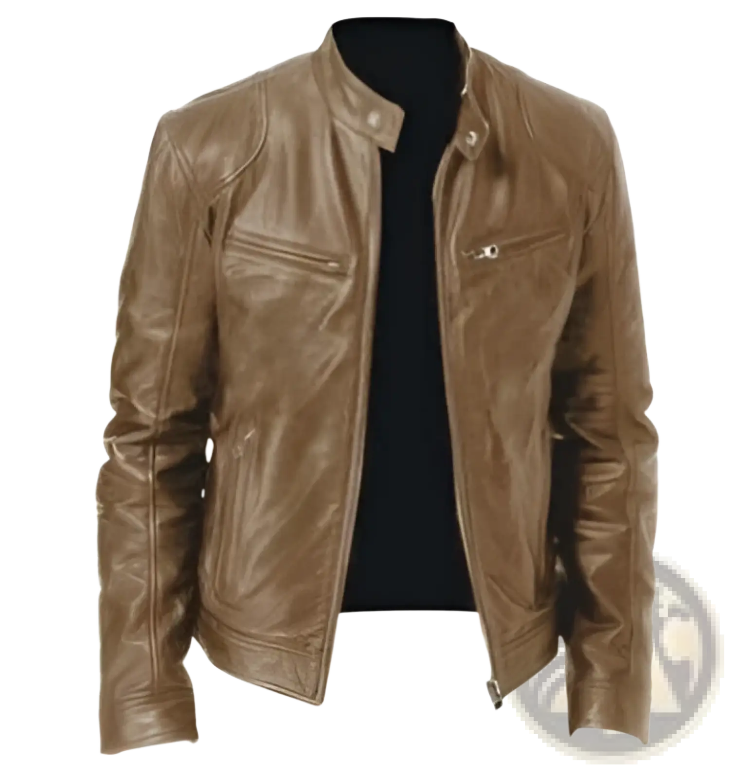 Slim fit tan pu leather motorcycle jacket with classic design and front zipper closure for stylish riding