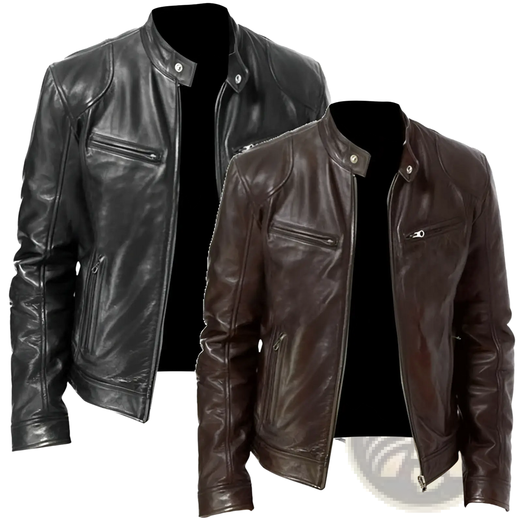 Slim fit pu leather motorcycle jackets in black and brown with classic design silver zippers and snap buttons