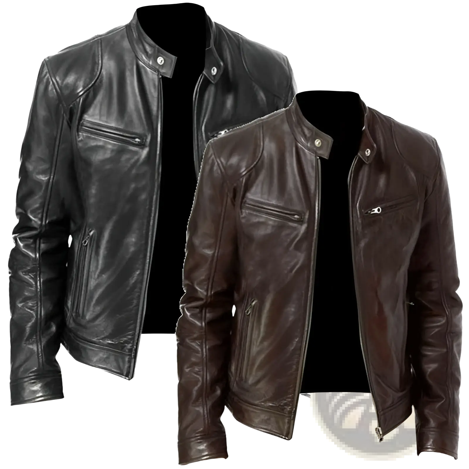 Slim fit pu leather motorcycle jackets in black and brown with classic design silver zippers and snap buttons