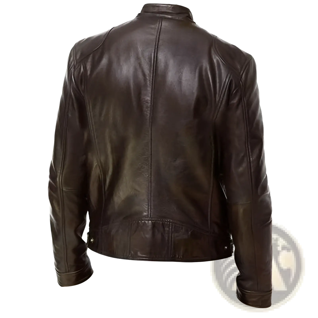 Slim fit pu leather motorcycle jacket in dark brown with classic distressed finish and visible stitching along seams