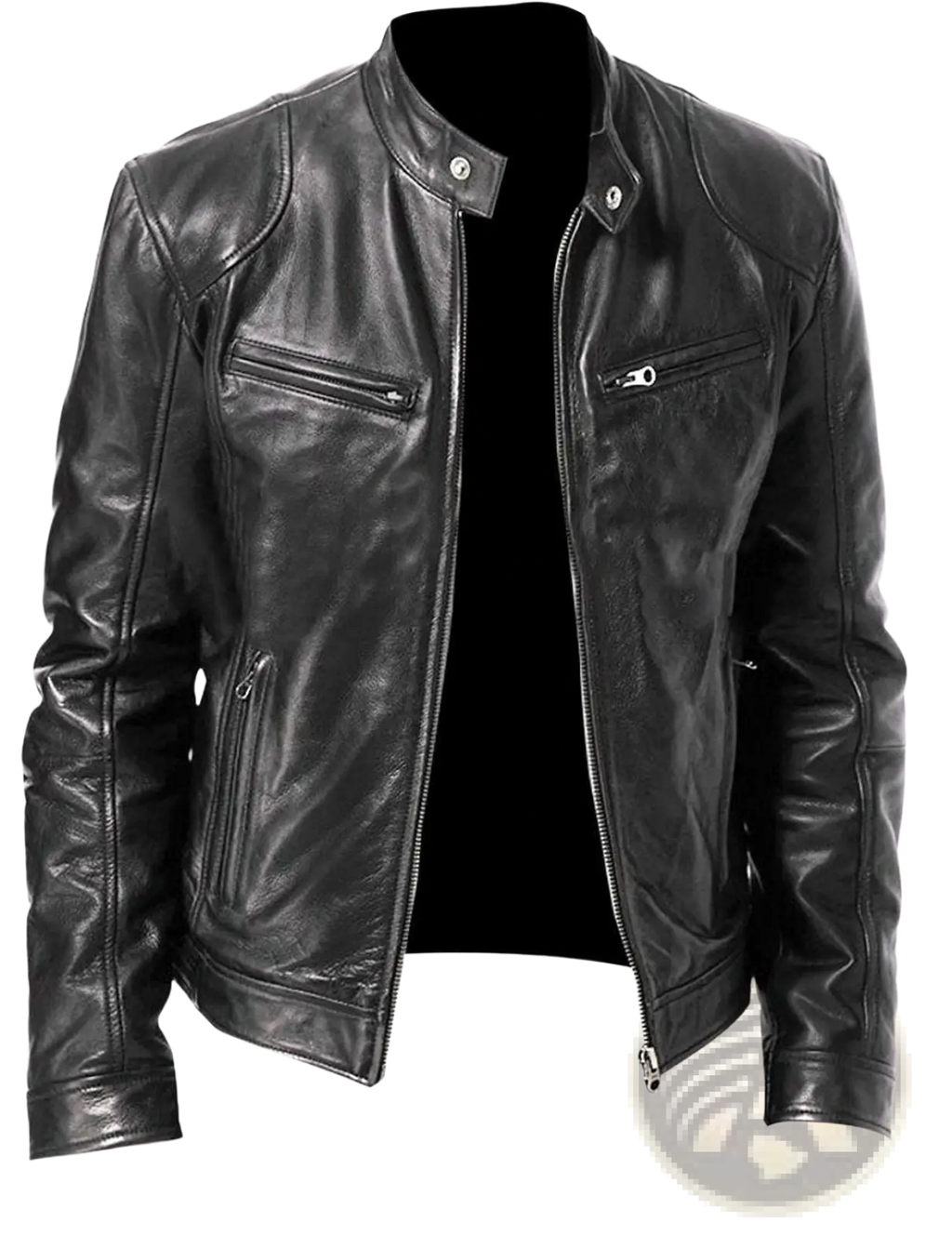 Slim fit black pu leather motorcycle jacket with silver zippers and snap buttons for a stylish look