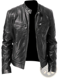 Slim fit black pu leather motorcycle jacket with silver zippers and snap buttons for a stylish look