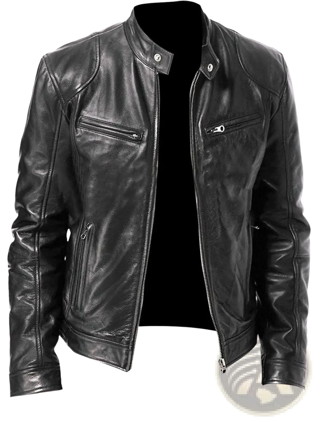 Slim fit black pu leather motorcycle jacket with silver zippers and snap buttons for a stylish look