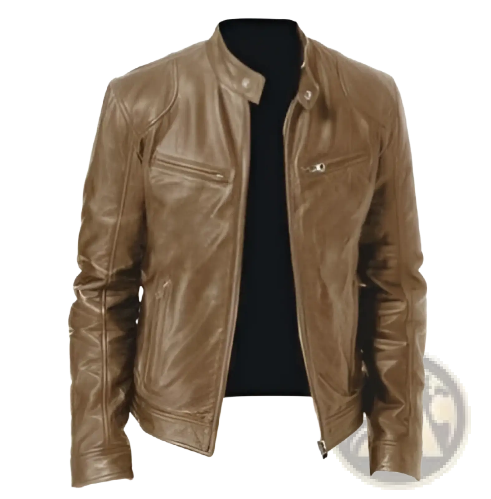 Slim fit tan pu leather motorcycle jacket with classic design and front zipper closure