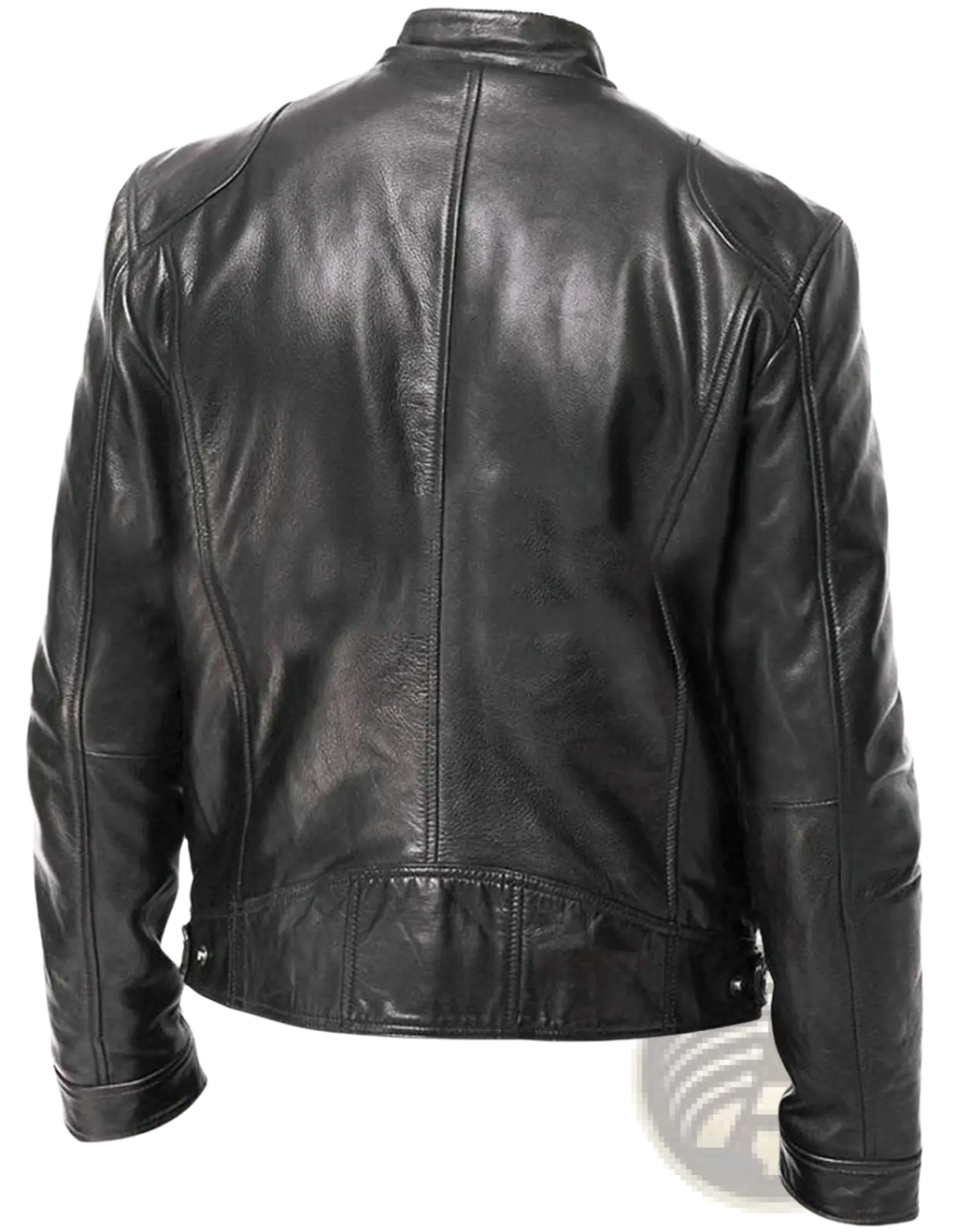 Black slim fit pu leather motorcycle jacket with a classic fitted design and visible stitching details