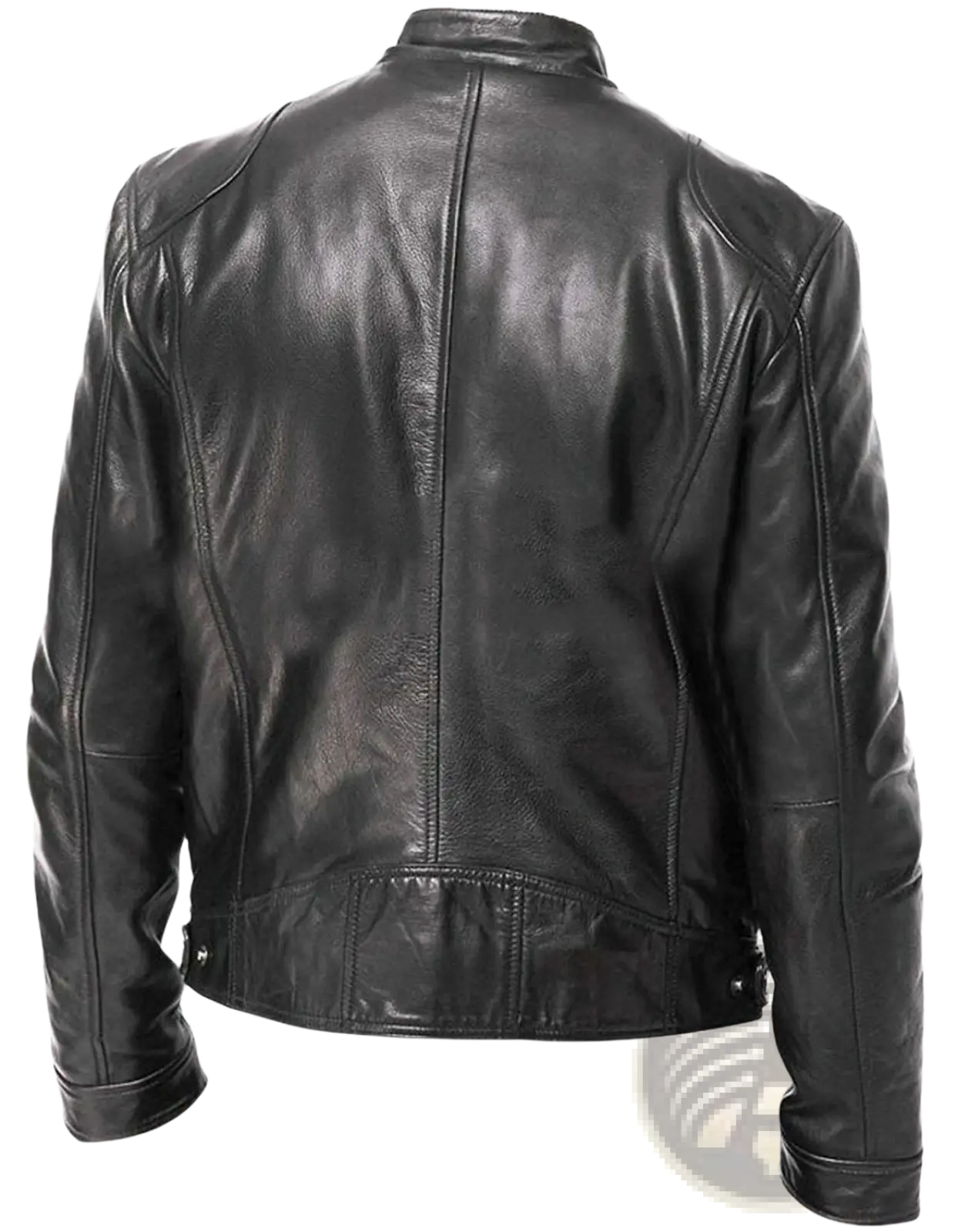 Black slim fit pu leather motorcycle jacket with a classic fitted design and visible stitching details