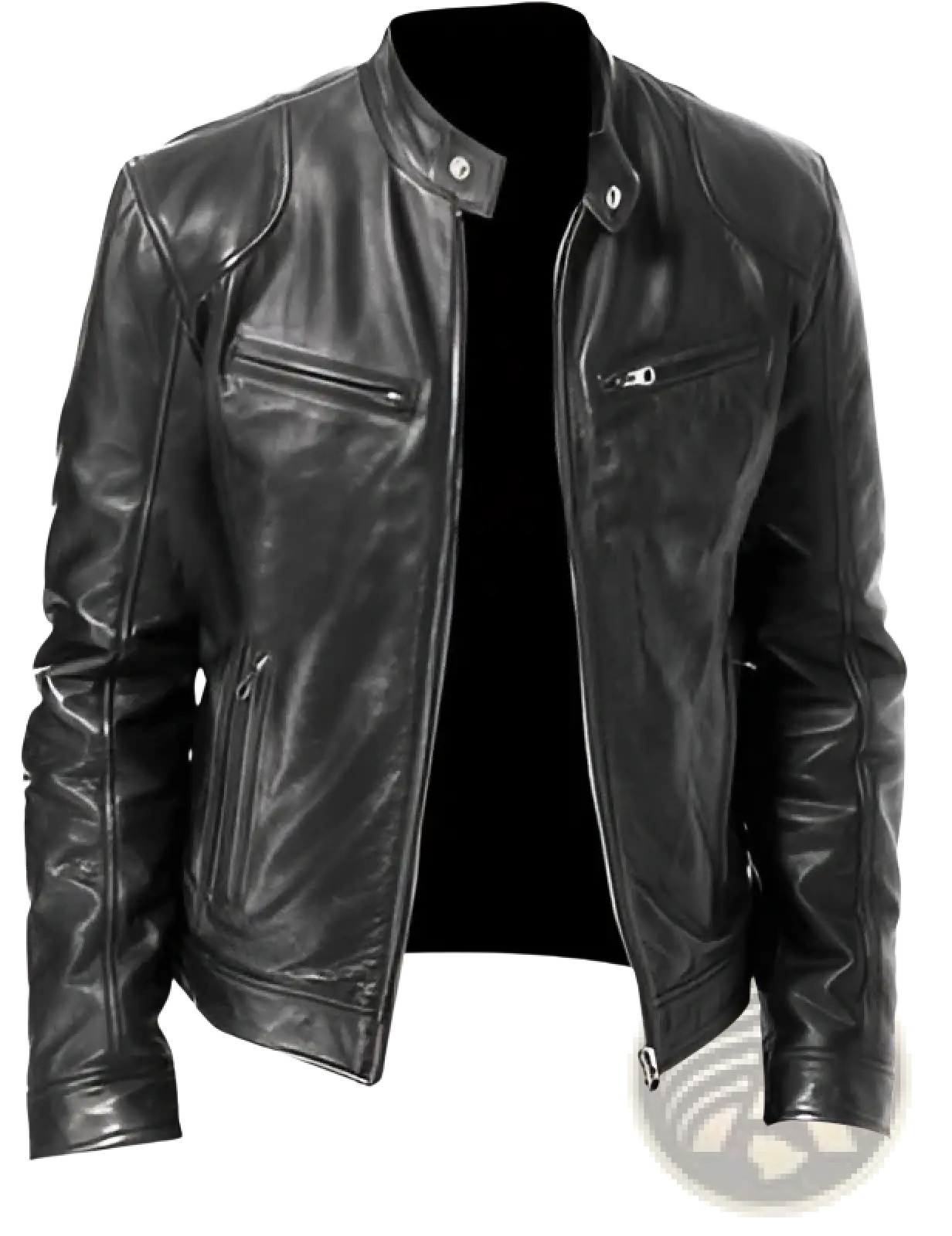 Slim fit black pu leather motorcycle jacket with silver zippers and snap buttons for a stylish look