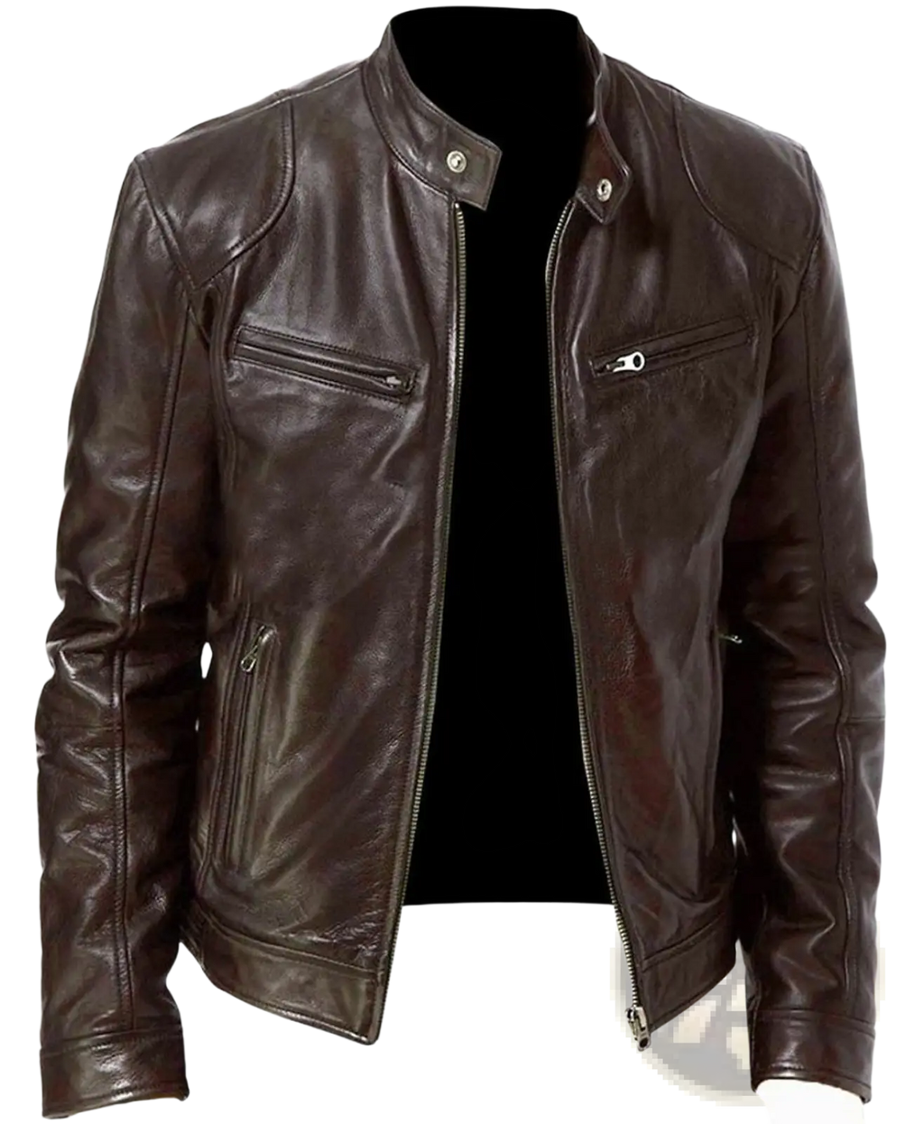 Slim fit dark brown pu leather motorcycle jacket featuring silver zippers and snap buttons for a sleek look