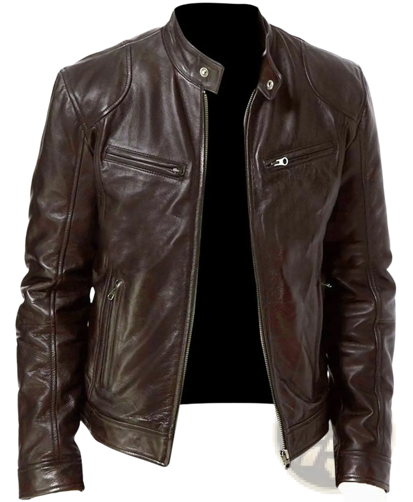 Slim fit dark brown pu leather motorcycle jacket featuring silver zippers and snap buttons for a sleek look