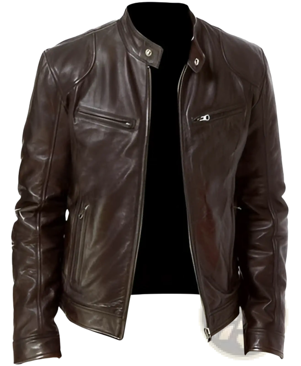 Slim fit dark brown pu leather motorcycle jacket with classic design and silver zippers for a stylish look