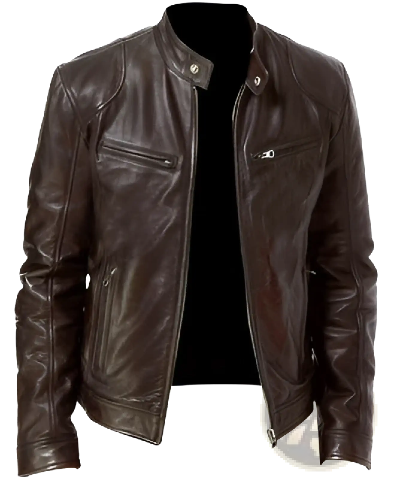 Slim fit dark brown pu leather motorcycle jacket with classic design and silver zippers for a stylish look