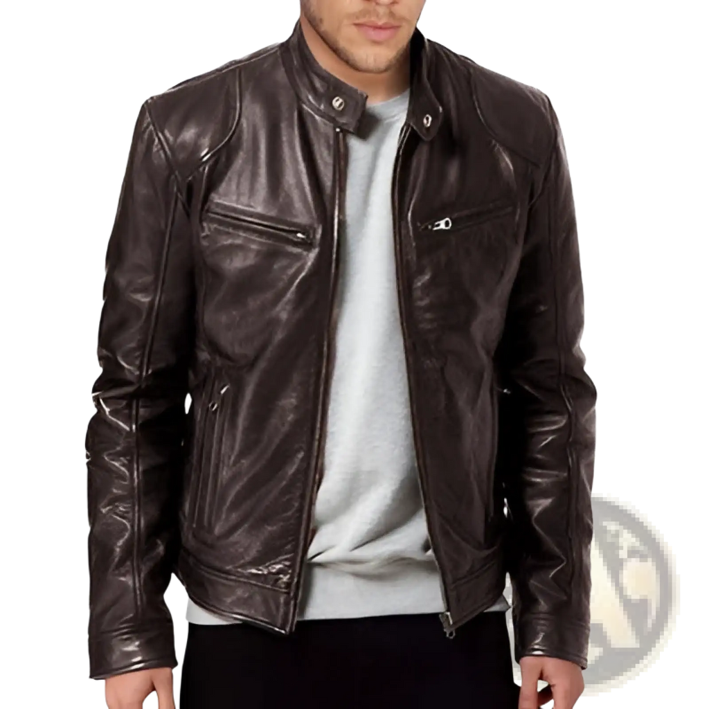 Dark brown slim fit PU leather motorcycle jacket with classic design and front zipper closure