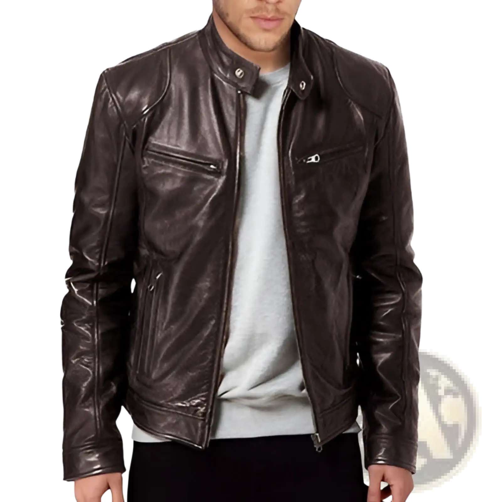Dark brown slim fit PU leather motorcycle jacket with classic design and front zipper closure