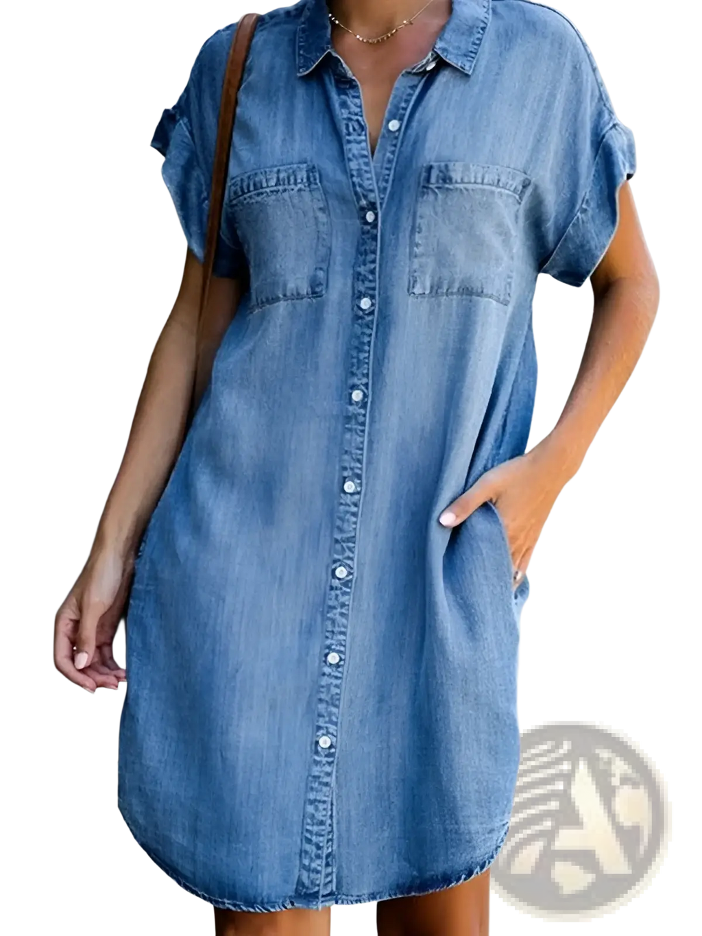 Blue slim fit midi denim dress with rolled-up short sleeves and front button closure in shirt style