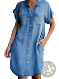 Blue slim fit midi denim dress with rolled-up short sleeves and front button closure in shirt style