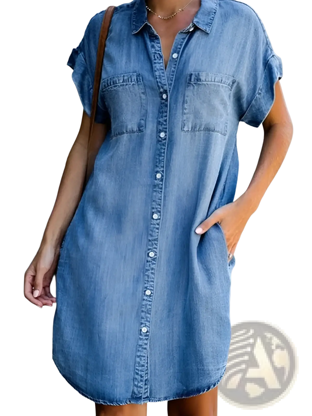 Blue slim fit midi denim dress with rolled-up short sleeves and front button closure in shirt style