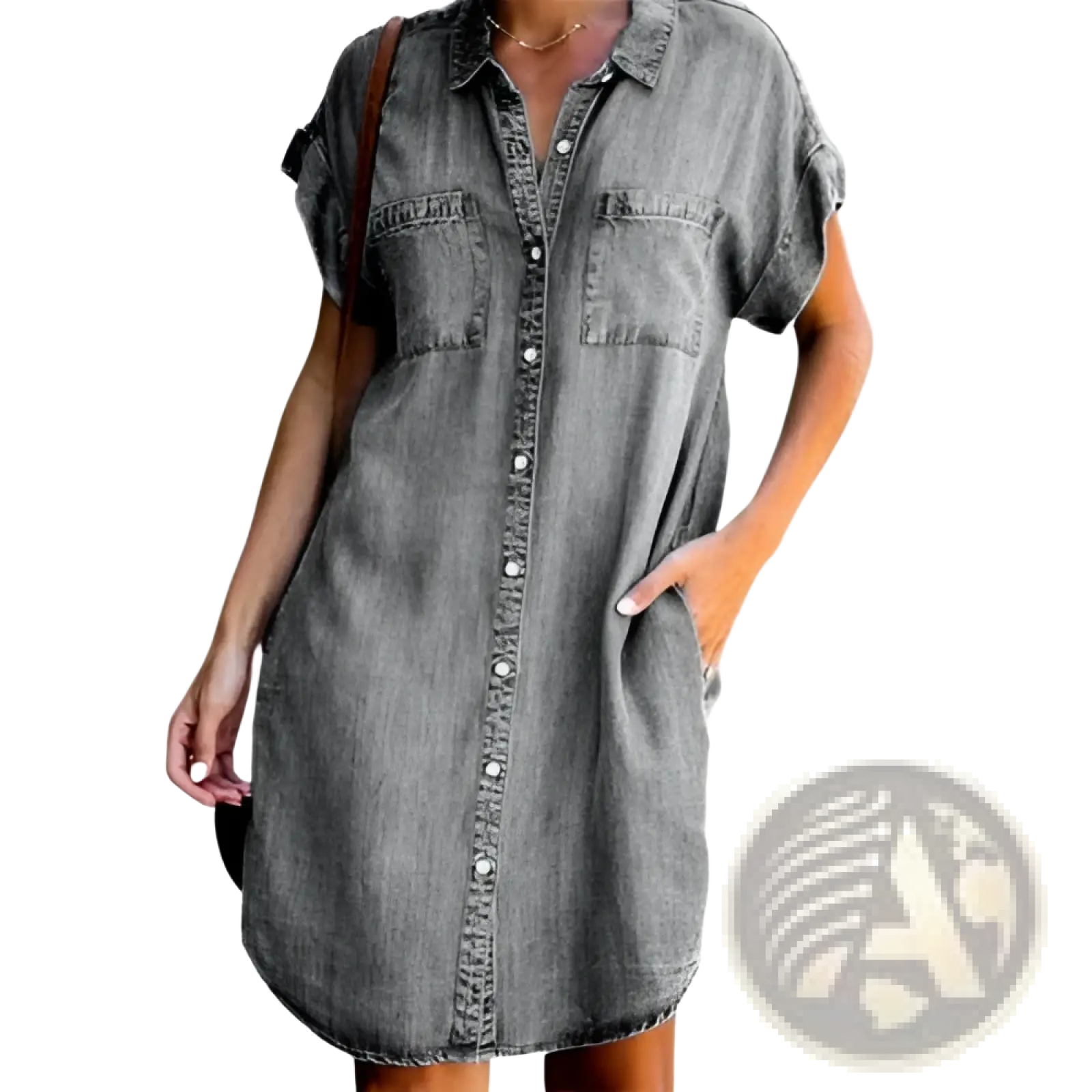 Slim fit short sleeve button front gray denim midi dress with two front pockets and short sleeves for women
