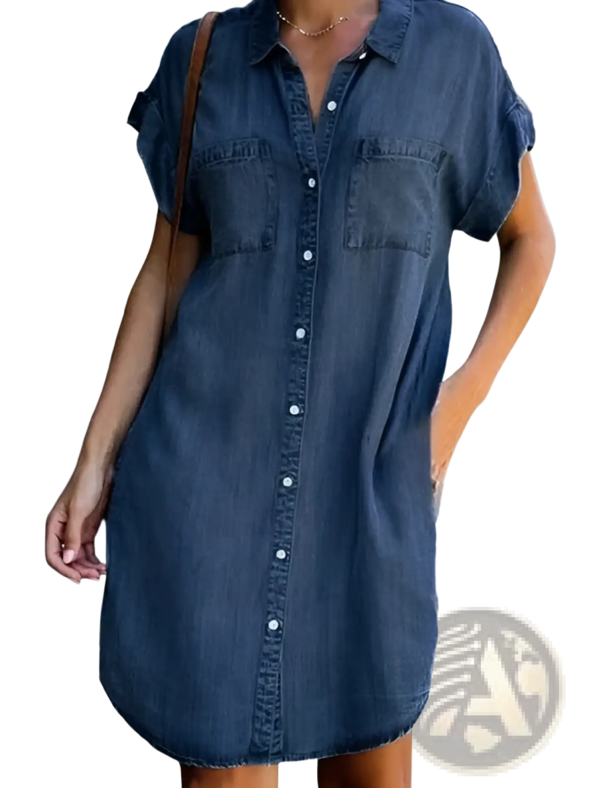 Slim fit short sleeve denim midi dress with button front closure and two chest pockets in blue denim fabric
