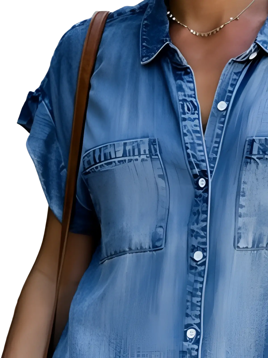 Blue denim slim fit midi dress with rolled-up short sleeves and two front pockets in button front design