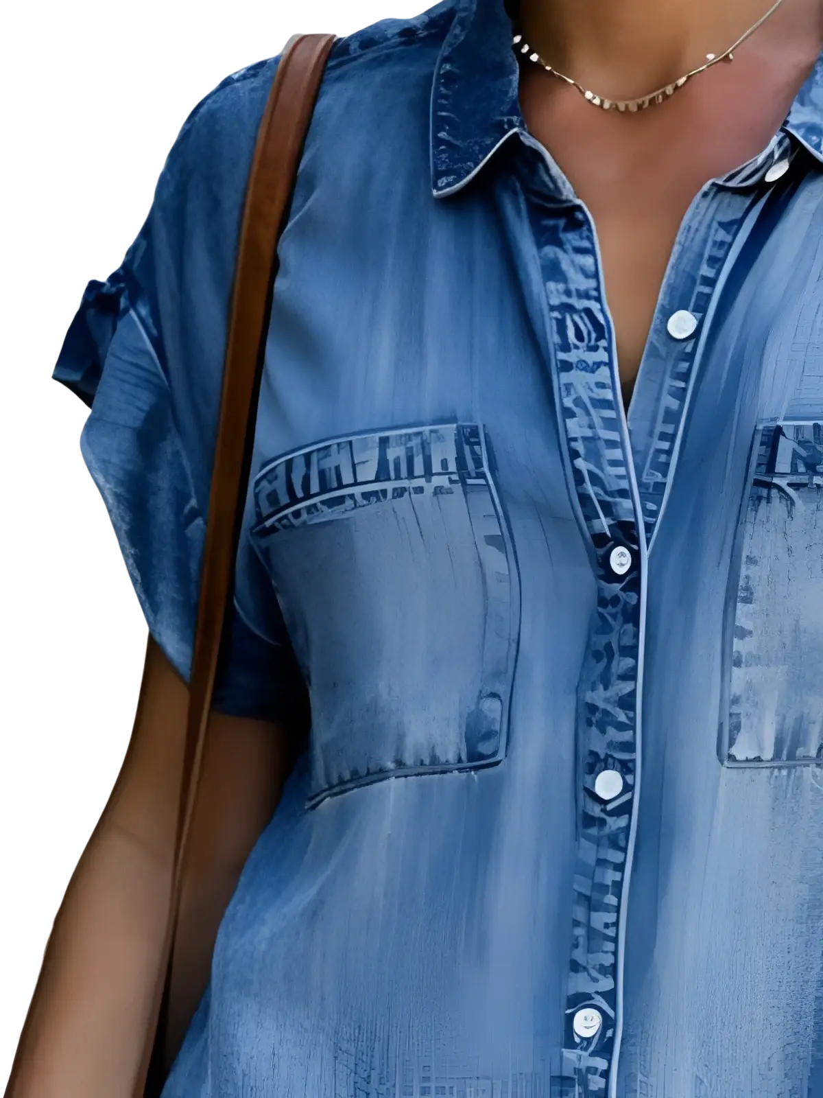 Blue denim slim fit midi dress with rolled-up short sleeves and two front pockets in button front design