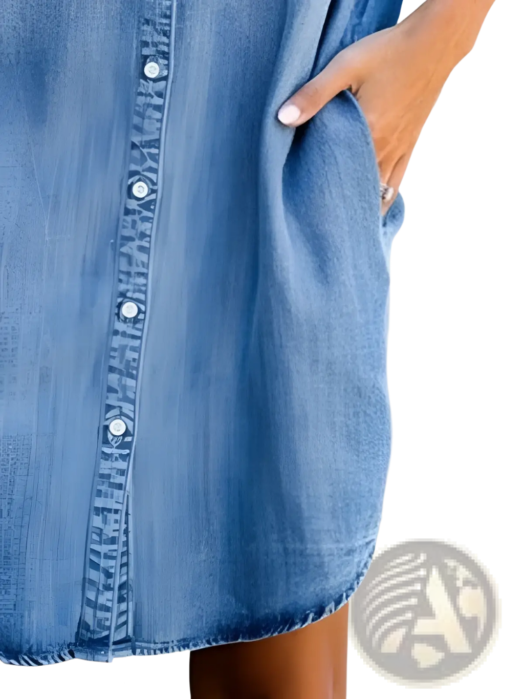 A medium-wash denim slim fit midi dress with short sleeves button-front design and side pockets