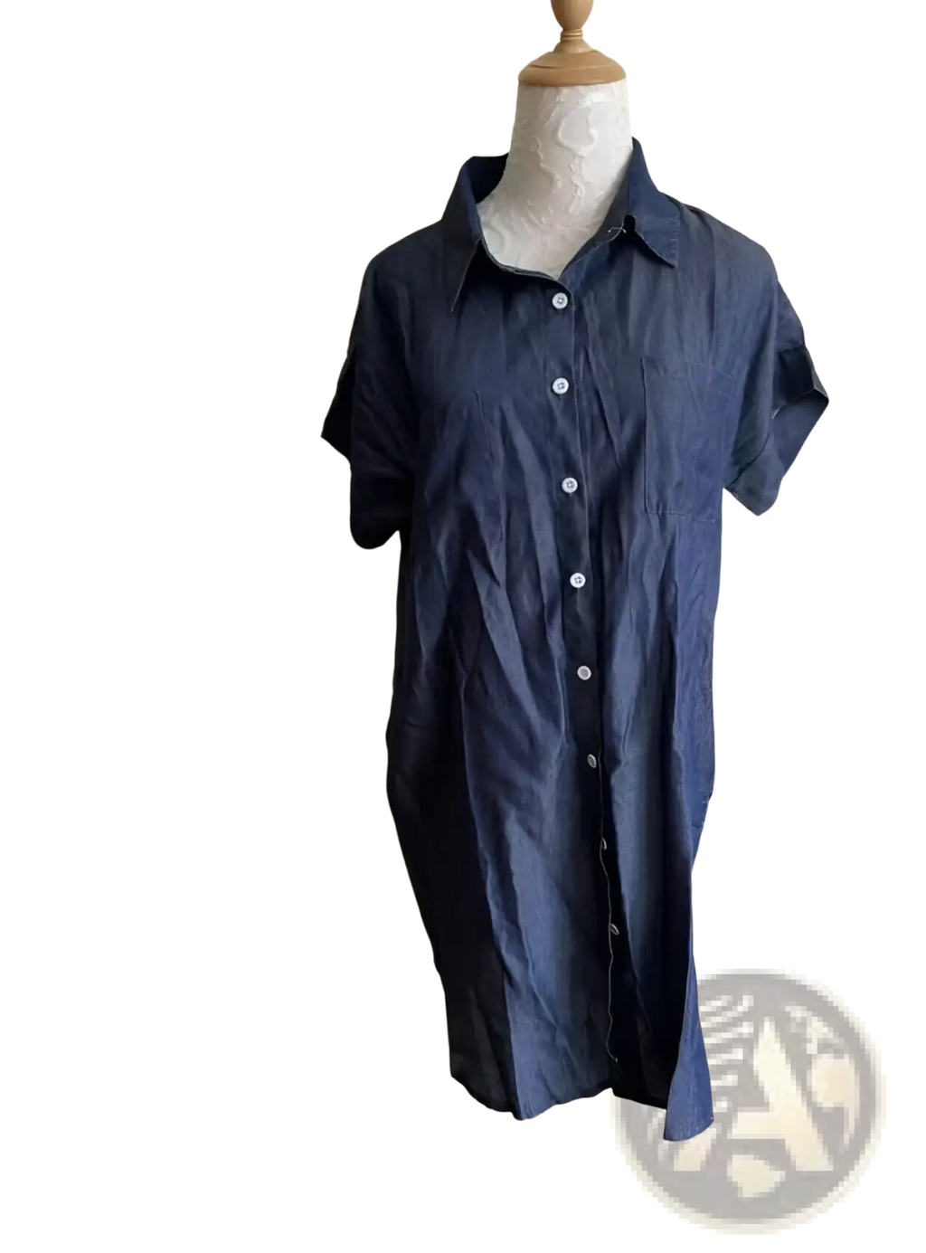 Dark blue slim fit short sleeve denim midi dress with button front collar and front pocket
