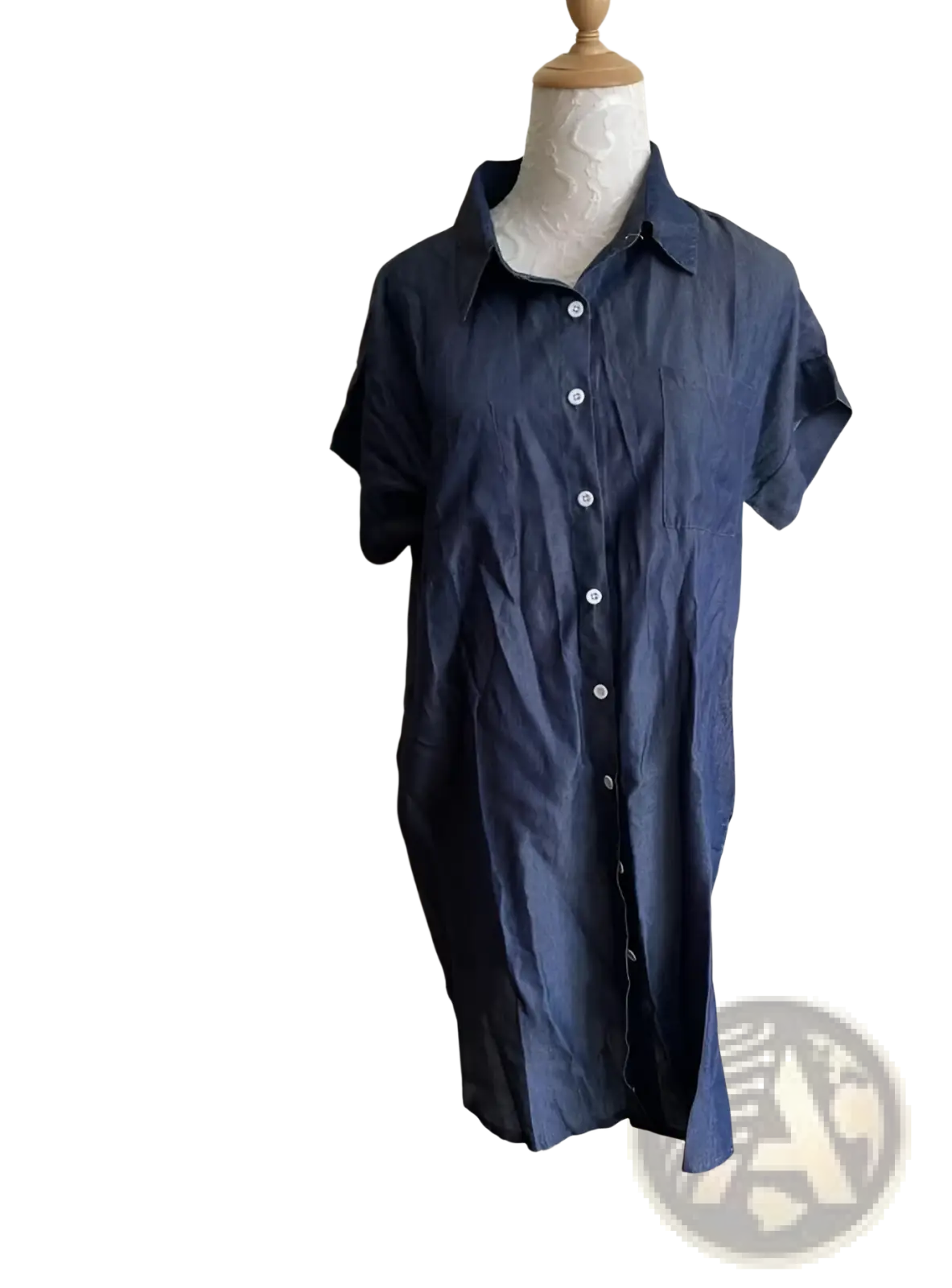 Dark blue slim fit short sleeve denim midi dress with button front collar and front pocket