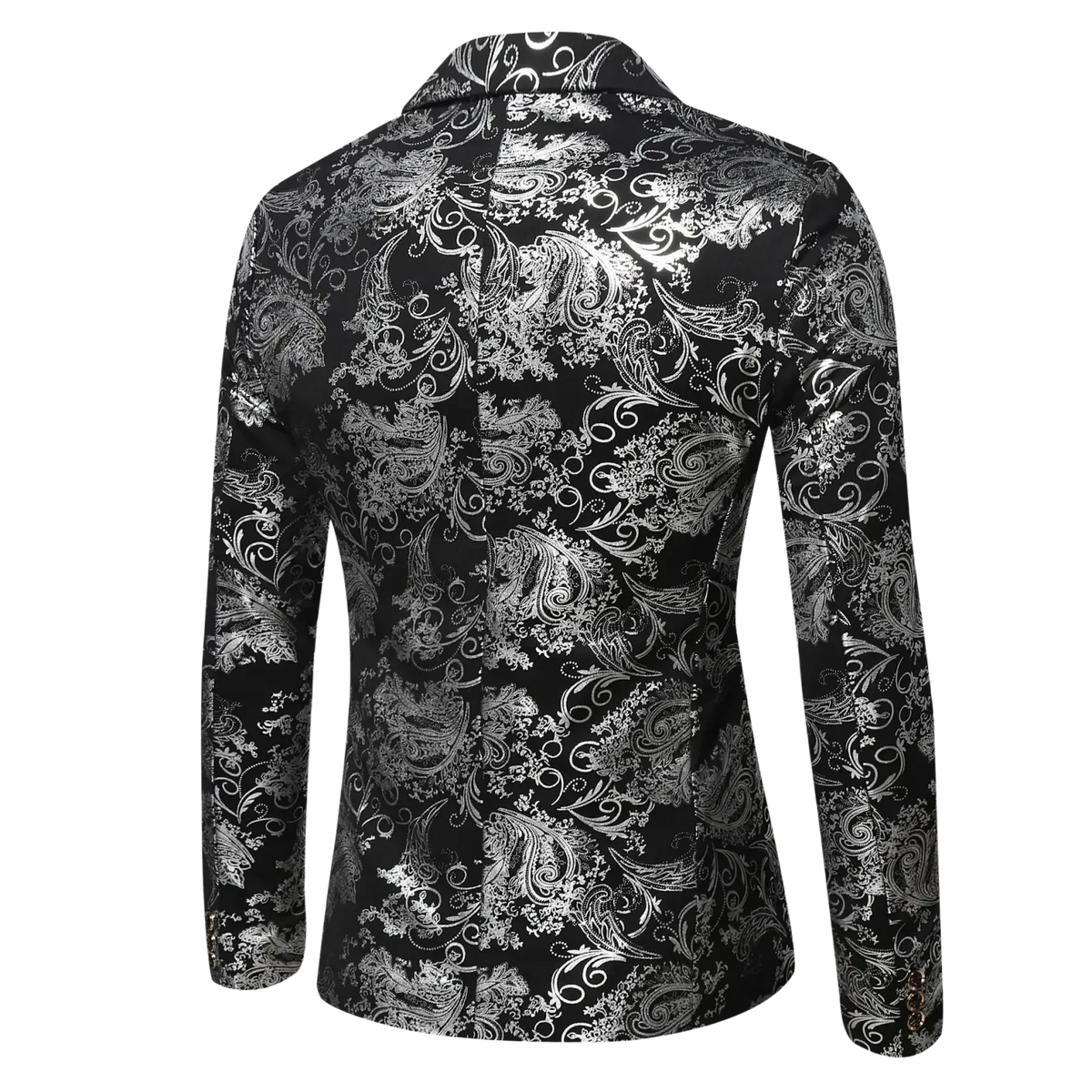 Black slim fit single breasted blazer with intricate silver paisley patterns for smart casual wear