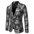 Black slim fit single breasted blazer with intricate silver paisley patterns suitable for smart casual wear