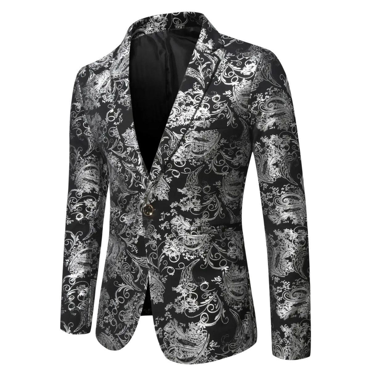 Black slim fit single breasted blazer with intricate silver paisley patterns perfect for smart casual wear