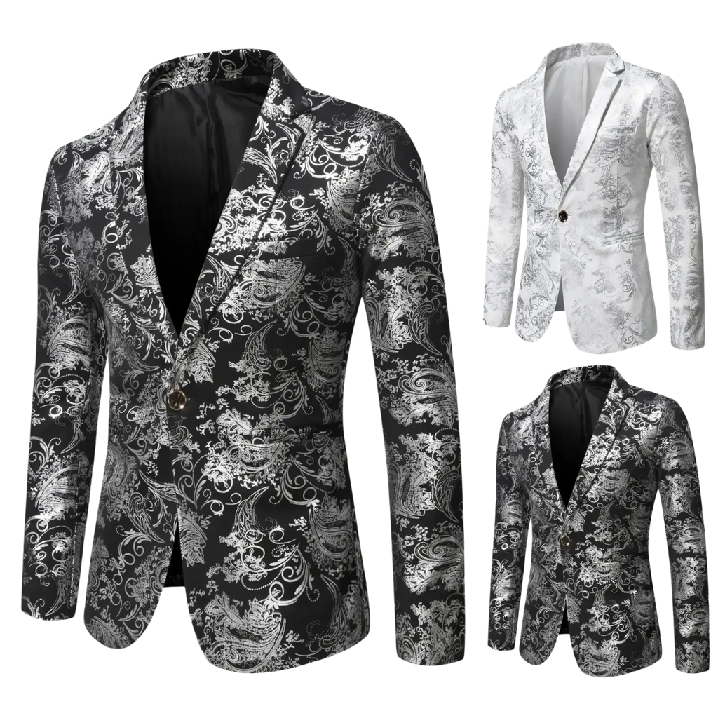 Slim fit single breasted black and silver paisley blazer with tailored fit for smart casual men’s wear