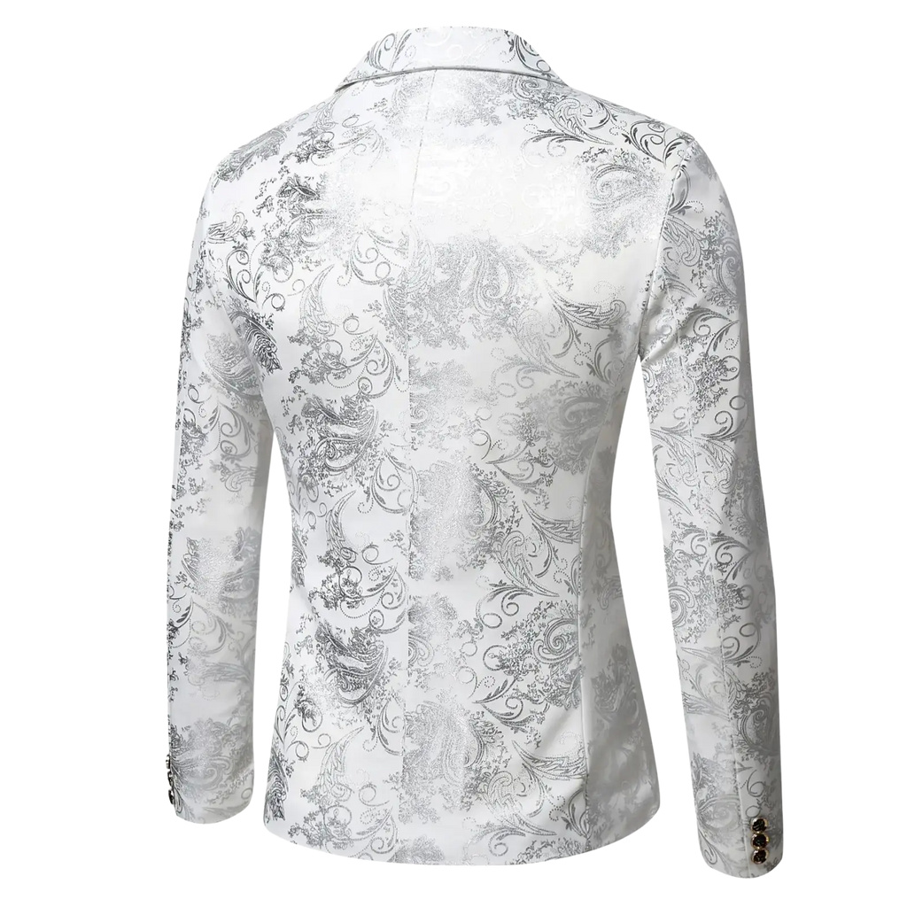 White slim fit single breasted blazer with intricate silver paisley patterns and subtle sheen for smart casual wear