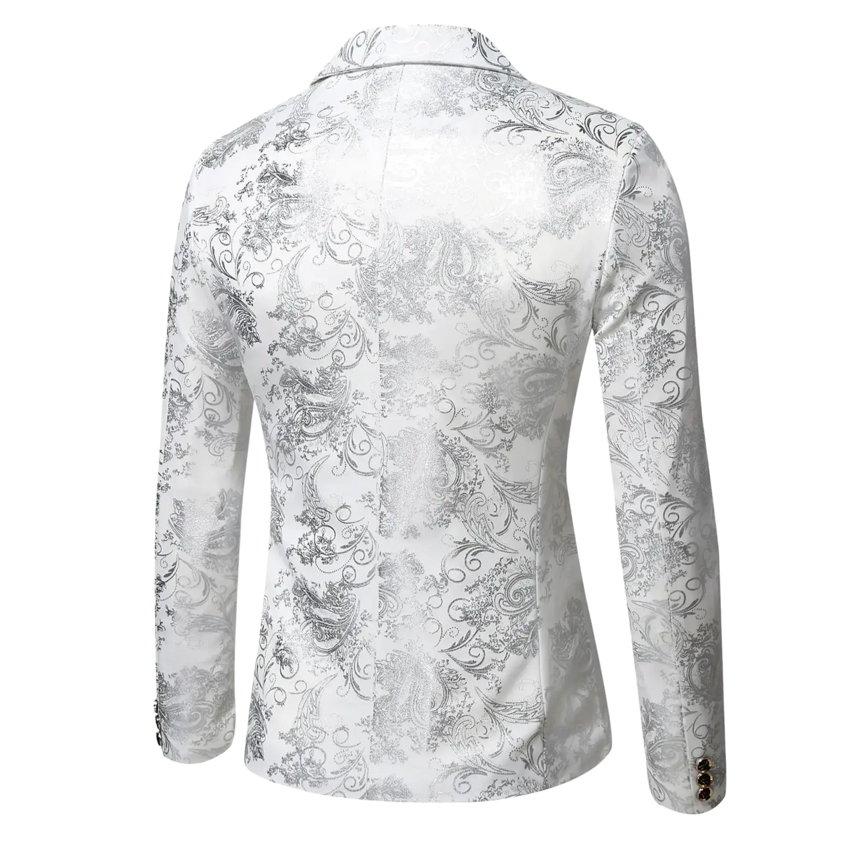 White slim fit single breasted blazer with intricate silver paisley patterns and subtle sheen for smart casual wear
