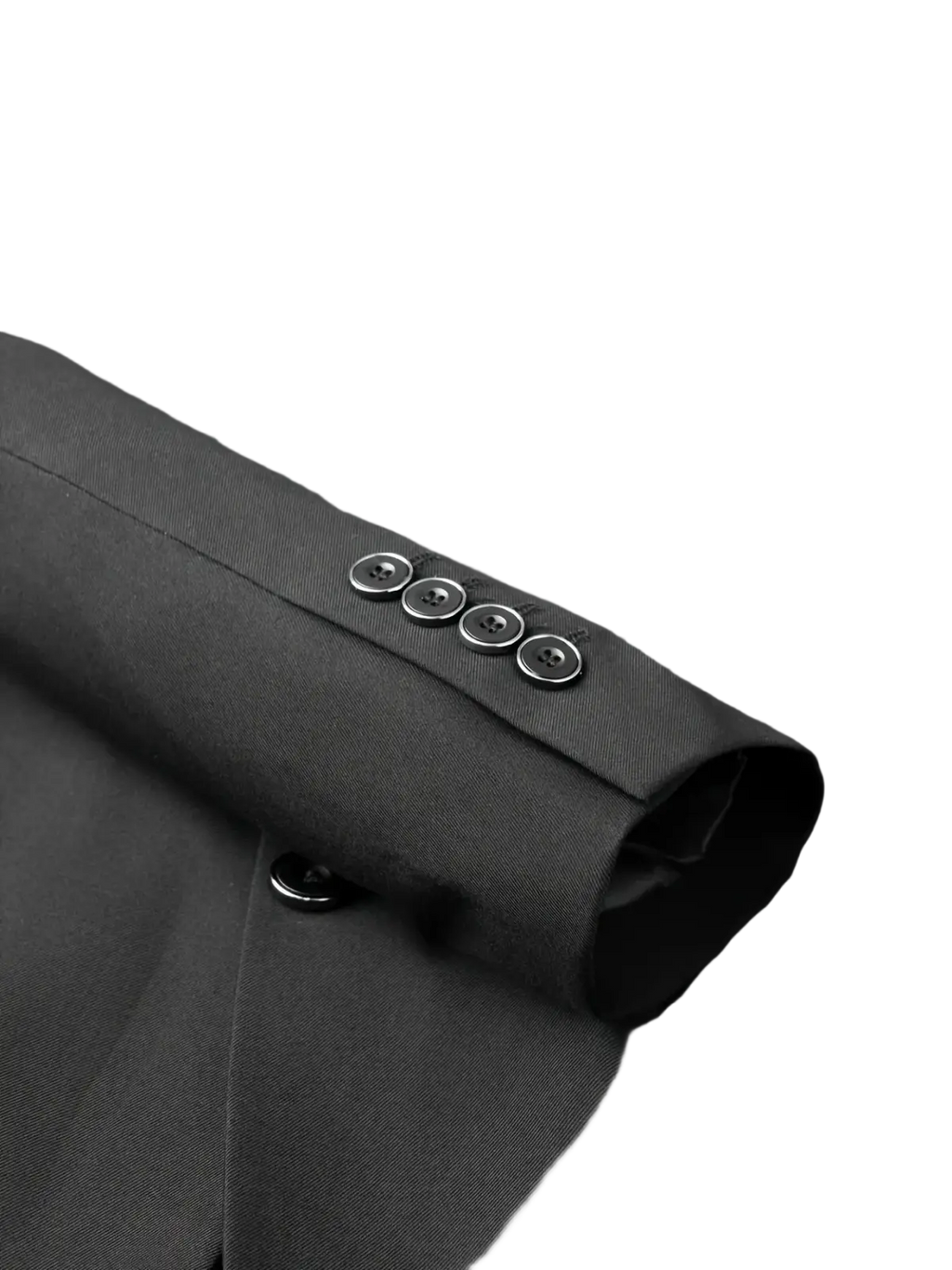 Slim fit single breasted black suit jacket with silver toned buttons and subtle textured weave for four seasons use